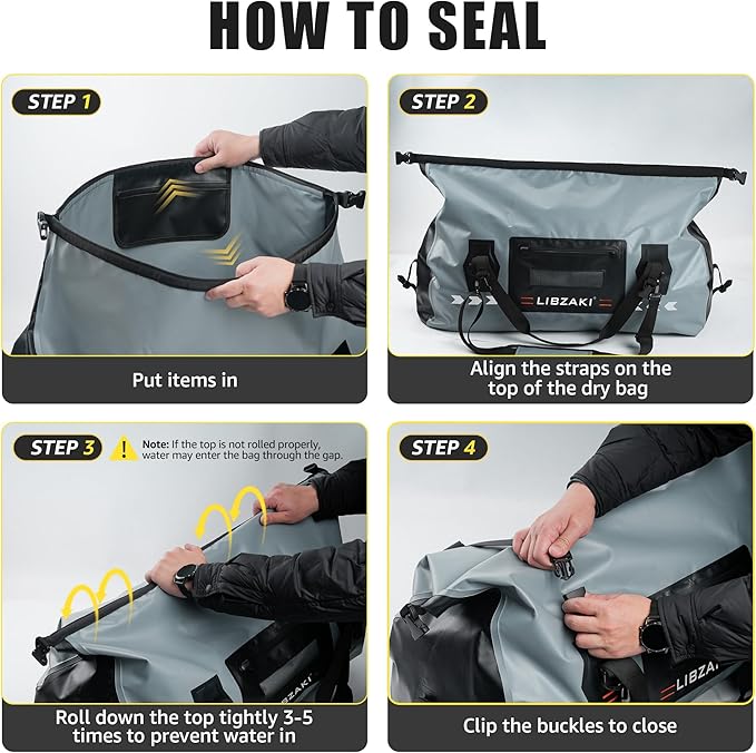 LIBZAKI Stormproof Rolltop Duffel Bag - Extra Large Waterproof Dry Bag for Kayaking, SUP & Outdoor Gear Storage, Reinforced PVC Base 70L Black/Gray
