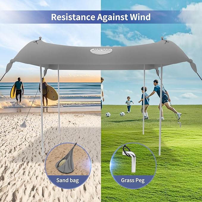 UMARDOO Family Beach Tent Canopy Sun Shade Portable, Large Compact Beach Sun Shelter Easy Setup with Packable Bag for Outdoor Travel (Grey, 10X10 FT. 4Poles)