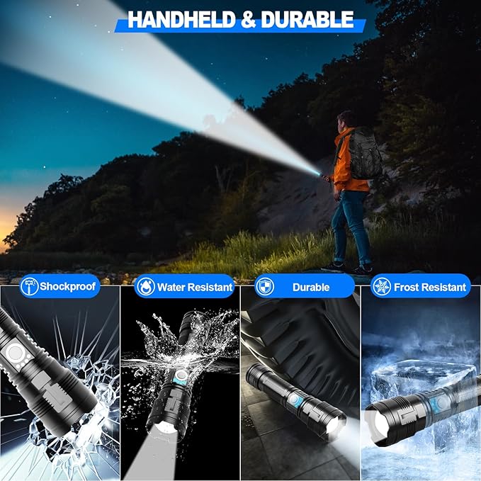 Rechargeable Tactical Flashlights High Lumens,100,000 Lumens Super Bright LED Flashlight,Powerful Flash Light with 5 Modes,Waterproof,Power Handheld Flashlight for Emergency,Camping,Hurricane,Hiking