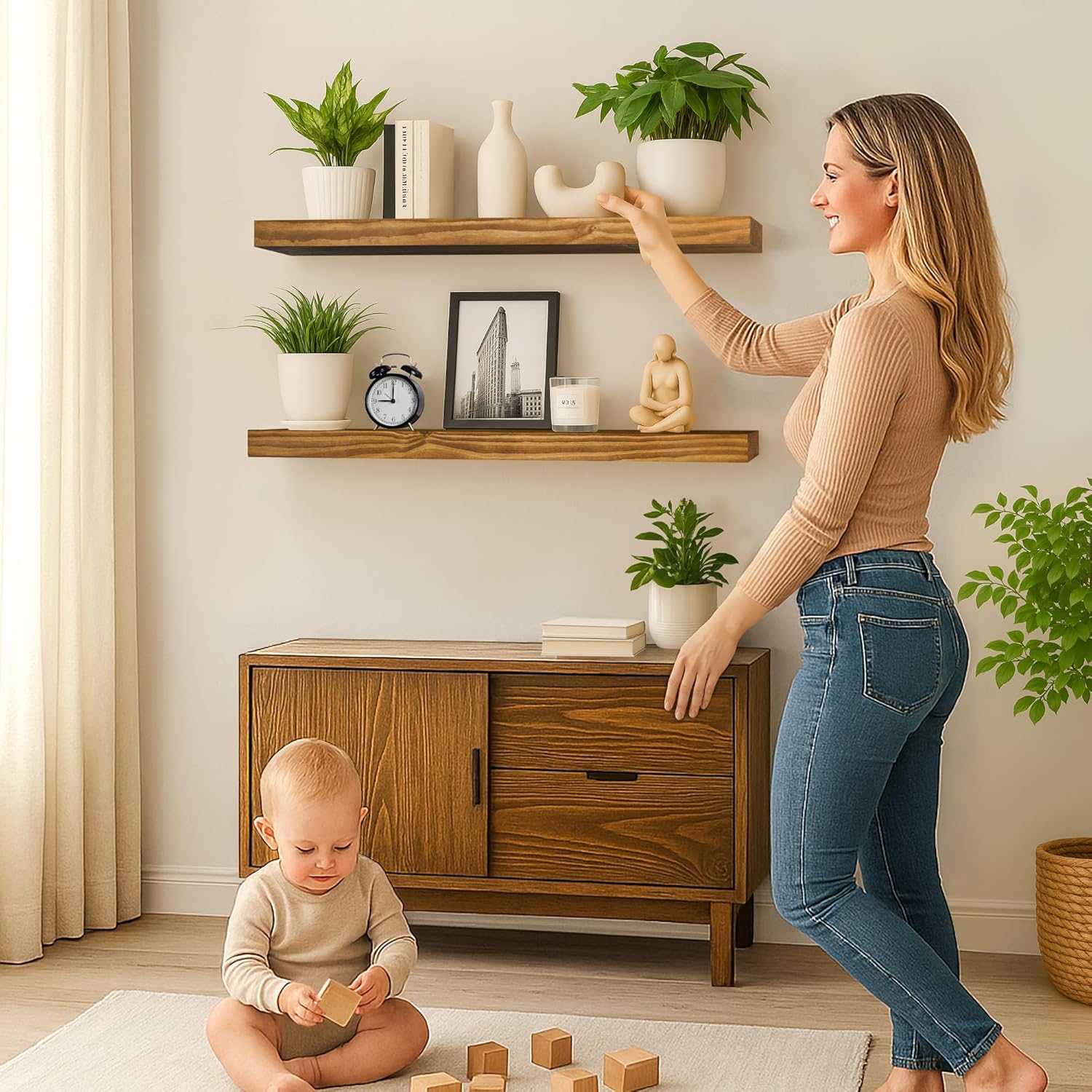 Rustic Floating Shelves 36 inch Long 8 inch deep Set of 2, Solid Wood Wall Shelves for Bedroom Living Room Kitchen,Book Shelf for Wall, Wall Mounted Shelves with Hidden Bracket- Gold Oak