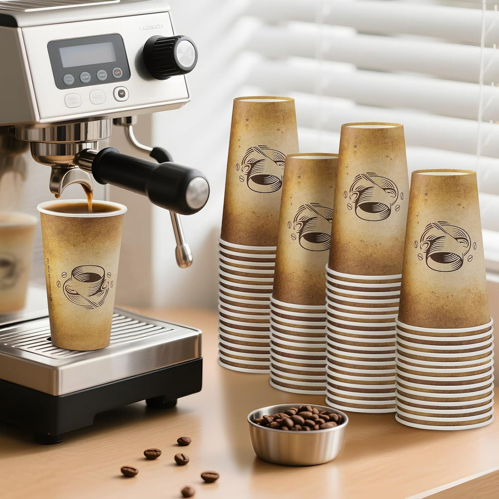 180 Pack 16 oz Disposable Paper Coffee Cups, Hot/Cold Drinking Cups, coffee, Juice, Retro Design, Leak-Proof, Party, Picnic, Events, Travel, Offices, Shops