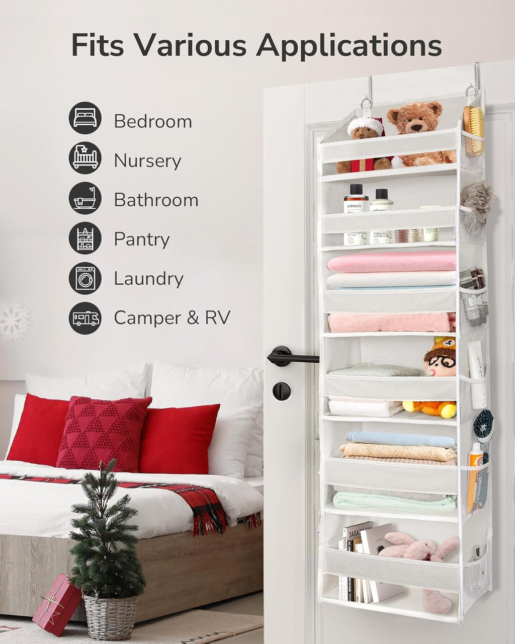 ULG Over The Door Organizer with 6 Large Pockets 12 Side Pockets, 50lbs Weight Capacity Door Hanging Organizer for Bedroom, Bathroom, Pantry, Nursery Storage, Beige