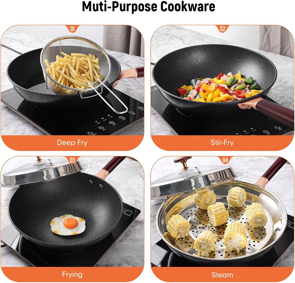 12.5” Woks & Stir-Fry Pans with Lid Steamer, Nonstick Ceramic Wok Pan with Lid, Deep Large Induction Hard Anodized Frying Wok, Carbon Steel Wok Set Flat Bottom, Large Saute Pan Set