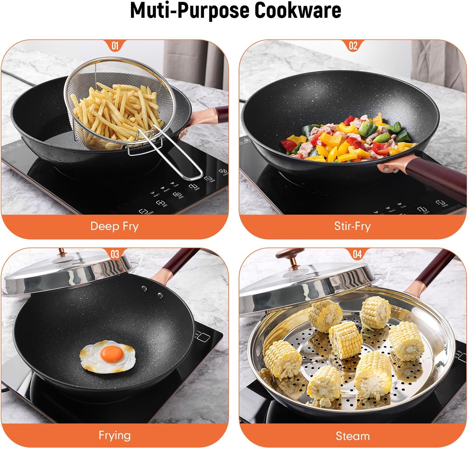 12.5” Woks & Stir-Fry Pans with Lid Steamer, Nonstick Ceramic Wok Pan with Lid, Deep Large Induction Hard Anodized Frying Wok, Carbon Steel Wok Set Flat Bottom, Large Saute Pan Set