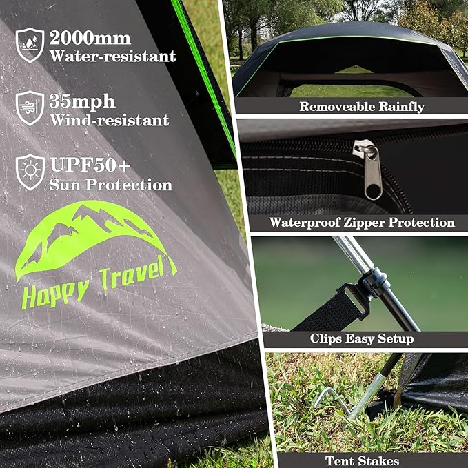 Happy Travel Camping Tent, 4 Person Dome Tents for Camping with Rainfly, Waterproof Clip Easy Setup Portable Family Tent with Mesh Windows, 20% More Headroom Backpacking Tents for Camping & Hiking