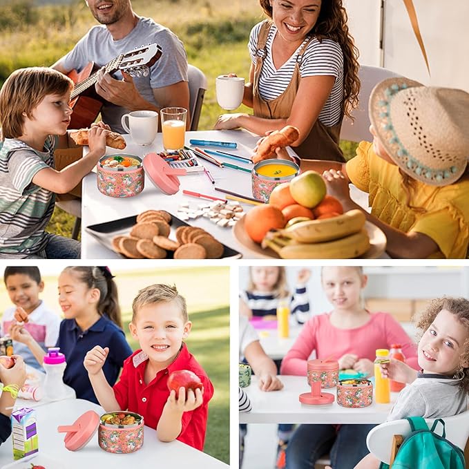 12oz Kids Soup Thermo for Hot Food Insulated Vacuum Food Jar with Buckle Lid, Stainless Steel Wide Mouth Leak Proof Lunch Container for School Travel-Pink