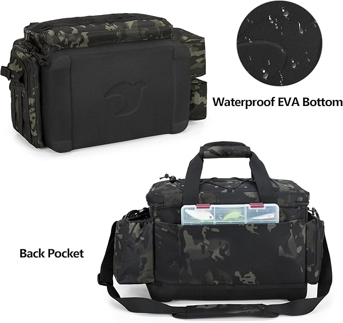 Waterproof Fishing Tackle Bag with Waterproof EVA Bottom (No Tackle Boxes in Package), Soft Tackle Box Storage Bag with Rod Holder, Pliers Storage for Fishing