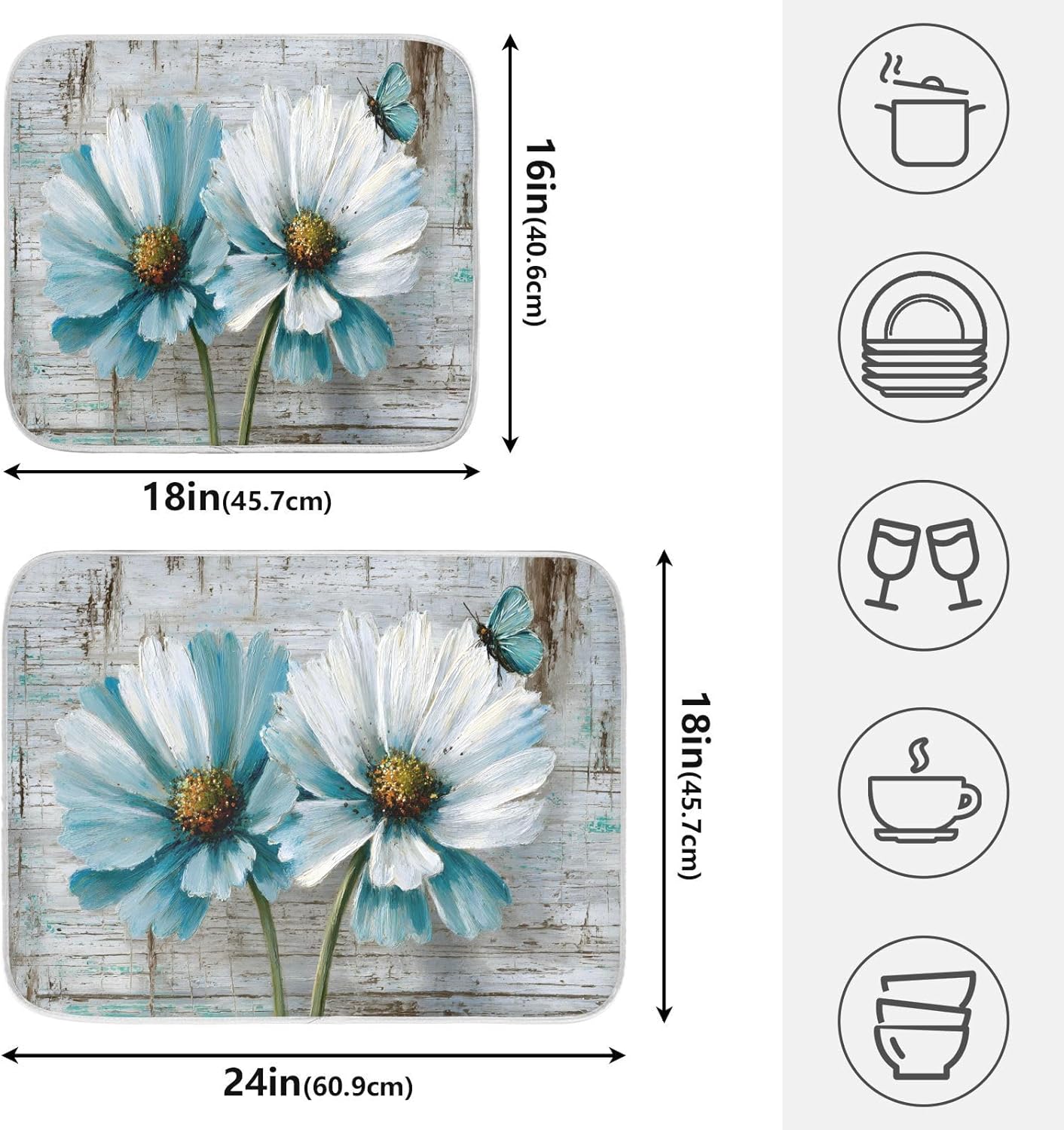 Rustic Teal White Daisy on Vintage Wooden Dish Drying Mat for Kitchen Counter Absorbent Microfiber Small Drying Pad Dish mats for Kitchen Countertops 16 x 18 Inch