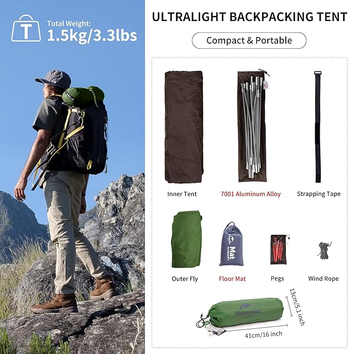 Naturehike Cloud-Up 1 Person Tent, Lightweight Backpacking Tents for One Man, Waterproof Ultralight One Person Tent for Camping Hiking Backpacking
