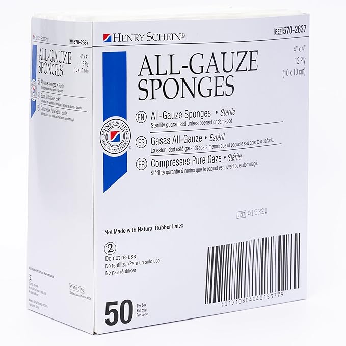 Premium 100% Cotton All-Gauze Sponge 4x4 12 Ply Sterile Square for Wound Care & Home First Aid Kits - 50/Box