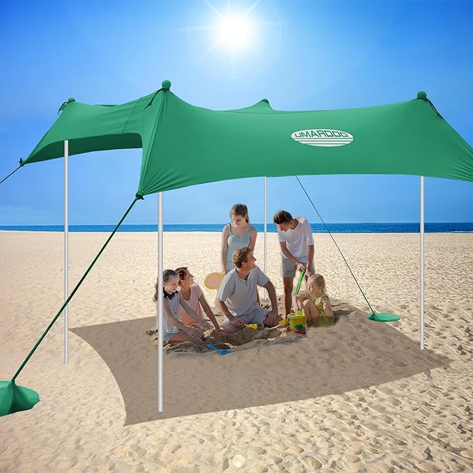 UMARDOO Family Beach Tent Canopy Sun Shade Portable, Large Compact Beach Sun Shelter Easy Setup with Packable Bag for Outdoor Travel (Green, 10X10 FT. 4Poles)