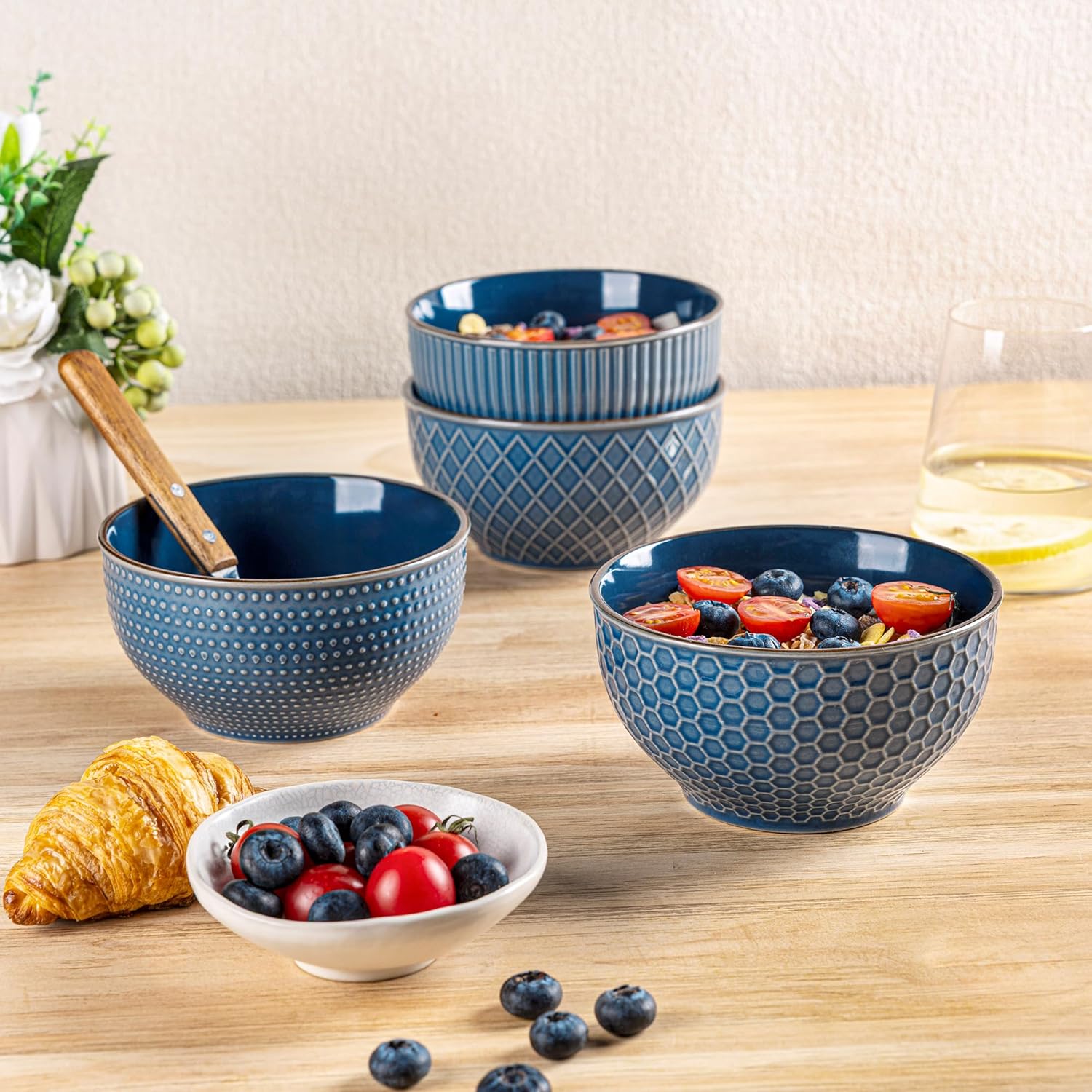 GBHOME Stoneware Cereal Bowls Set of 4, 24 oz Ceramic Soup Bowls with Texture Patterns for Soup,Oatmeal,Snack Perfect for Wedding, House-warming Gift - Moonlight Blue