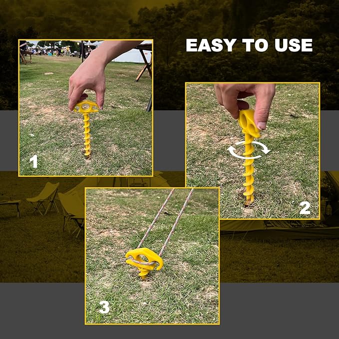 Tent Stakes Sand Stakes for Beach Tent 16 Pack Spiral Anchor Stakes 9.4 Inch Heavy Duty Screw Canopy Stakes for Camping, Hiking and More (16, Yellow)