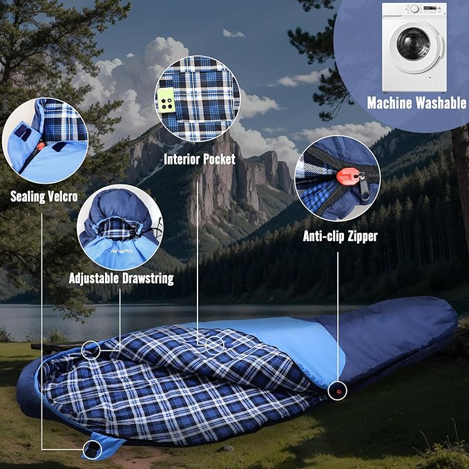 Cold Weather Mummy Sleeping Bag Flannel 0 Degree Winter Sleeping Bag Machine Washable Heavy Duty for Adults,Teenager with Compression Sack 4 Seasons for Camping Hiking Traveling