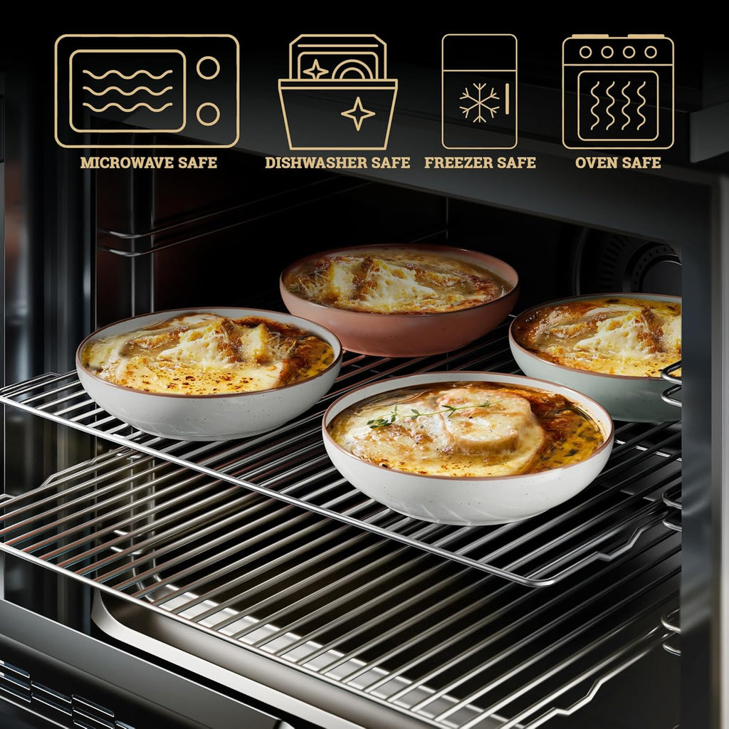 Pasta Bowls Set of 4 - Large 30 oz Bowls - Stylish Ceramic Plates - Safe for Oven, Microwave & Dishwasher - Salad Bowl Set of 4 - Pasta Bowl Plates - Deep Plate with Lid Edge - Blates Dinnerware