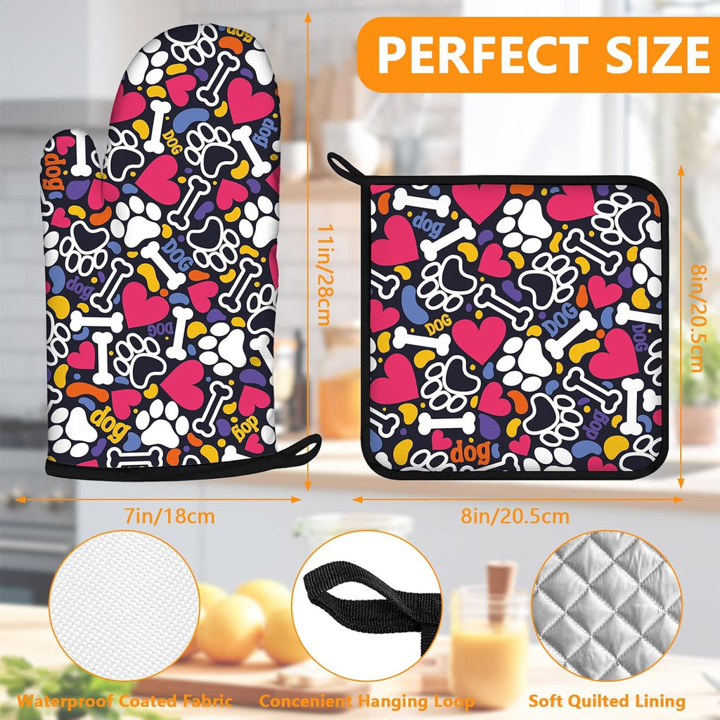 Paw Prints Oven Mitts and Pot Holders Sets 4Pcs,Extra Long Oven Gloves Potholder for Kitchen Cooking Baking BBQ 100% Cotton Heat Resistant