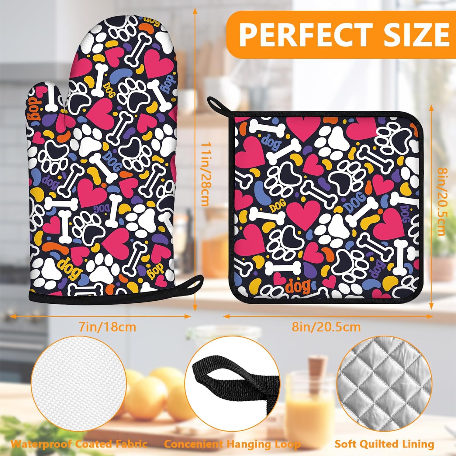 Paw Prints Oven Mitts and Pot Holders Sets 4Pcs,Extra Long Oven Gloves Potholder for Kitchen Cooking Baking BBQ 100% Cotton Heat Resistant