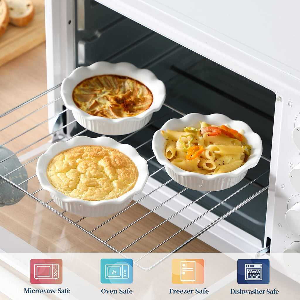 LOVECASA Ceramic Mini Pie Pans Set of 6-5.5 Inch Oven Safe Small Pie Dishes, Nonstick Mini Pot Pie Baking Tins for Chicken Pot Pie, Tarts, Quiches & Desserts, Stackable Ruffled Rims, White