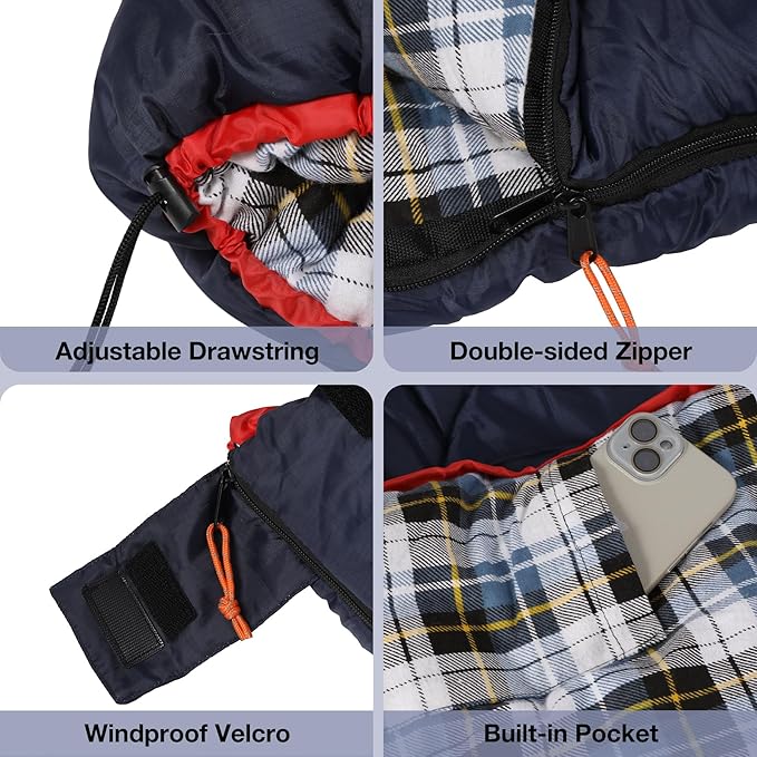 REDCAMP Cotton Flannel Sleeping Bag for Camping Backpacking, Adults Cold Weather Envelope Sleeping Bags with 2/3/4lbs Filling