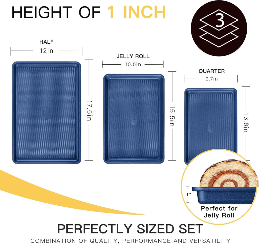 HONGBAKE Baking Sheet Pan Set, Cookie Sheets for Oven, Nonstick Half/Quarter/Jelly Roll Pans with Diamond Texture Pattern, Heavy Duty Cookie Tray, Dark Blue