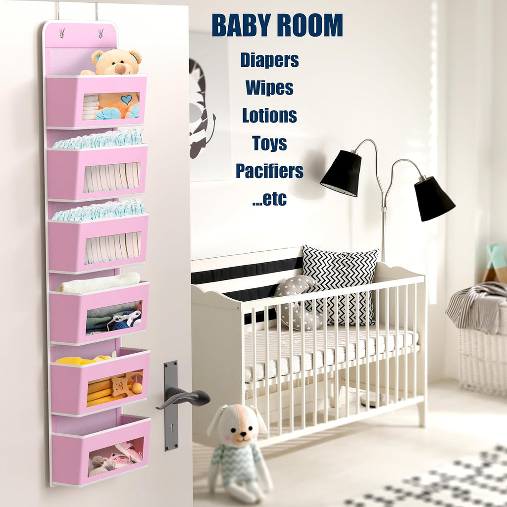 Simple Houseware 6 Clear Window Pocket Over Closet Door Storage Hanging Organizer for Bedroom, Bathroom, Pantry, Pink