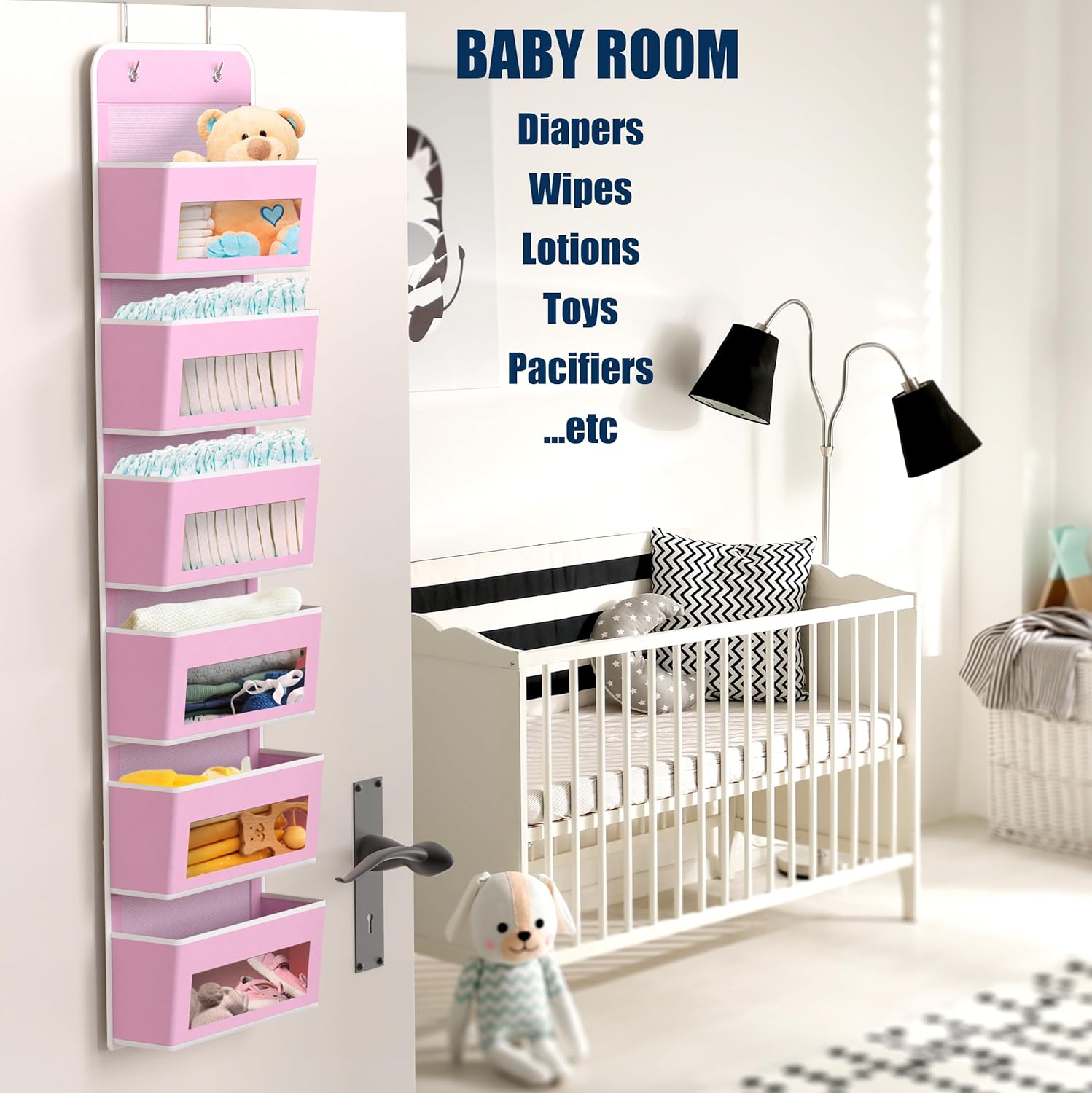 Simple Houseware 6 Clear Window Pocket Over Closet Door Storage Hanging Organizer for Bedroom, Bathroom, Pantry, Pink