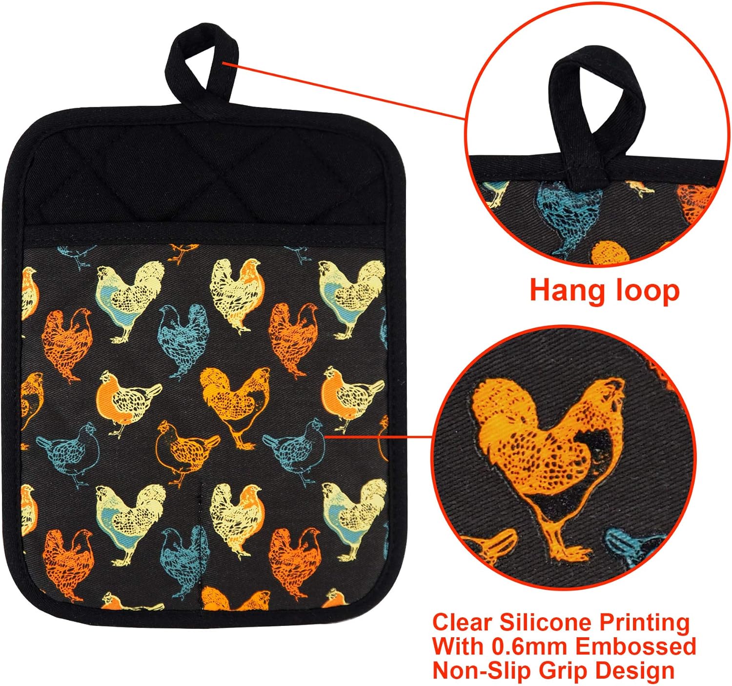 Pot Holders Set of 2 Heat Resistant 480 ℉Non Slip Clear Silicone Printed Comfortable Cotton Lining Kitchen Women Men Cooking Baking Microwave Machine Washable (Rooster, Black Potholders)