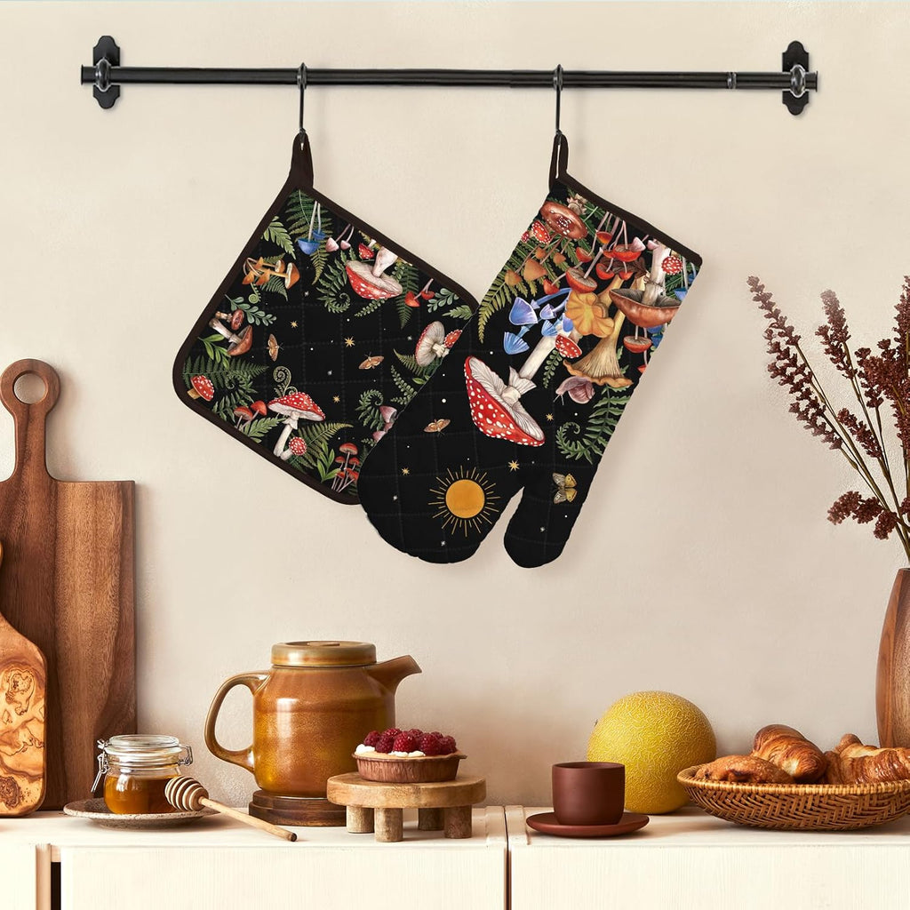 Mushroom Grass Oven Mitts and Pot Holders Sets 2Pcs, 100% Cotton Heat Resistant, Extra Long Oven Gloves Potholder for Kitchen Cooking Baking Decoration
