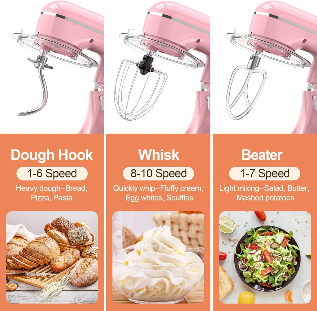 3-IN-1 Electric Stand Mixer, 6.5QT Bowl 660W 10-Speed Kitchen Mixer, Household Food Mixers include Dough Hook, Beater and Whisk, Bread Cake Mixer for Baking and Most Home Cooks, Pink