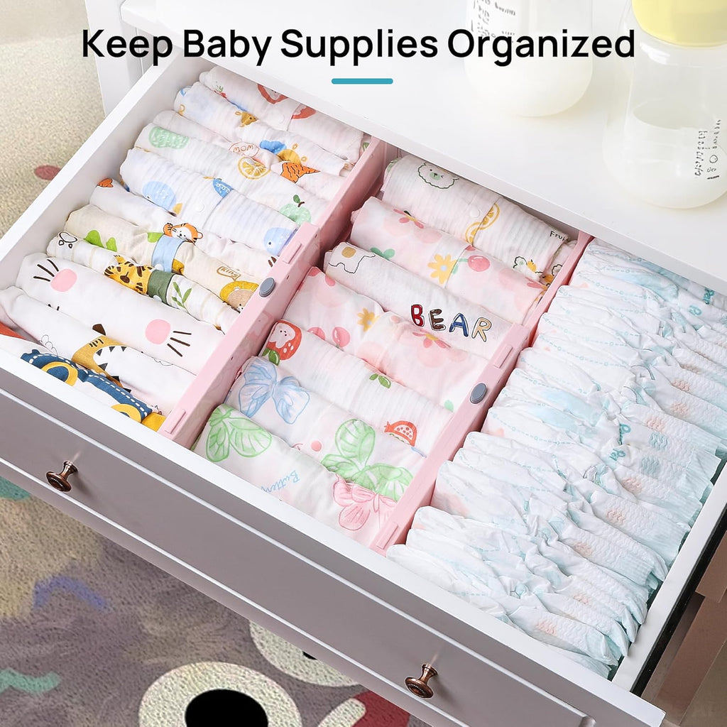 Vtopmart 8 Pack Drawer Dividers for Clothes, 4" High 11.6"-17" Adjustable Expandable Dresser Drawer Organizer, Plastic Separators for Dresser, Baby Clothes, Underwear, Kitchen & Office Storage, Pink