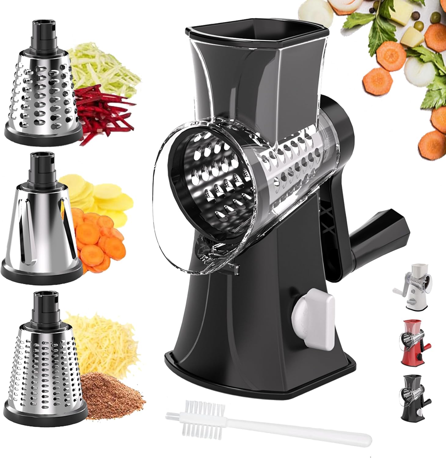3-in-1 Rotary Cheese Grater Vegetable Slicer, 3 Interchangeable Blades Food Shredder with Anti-Slip Reinforced Suction Base, Kitchen Mandoline Chopper (Black)