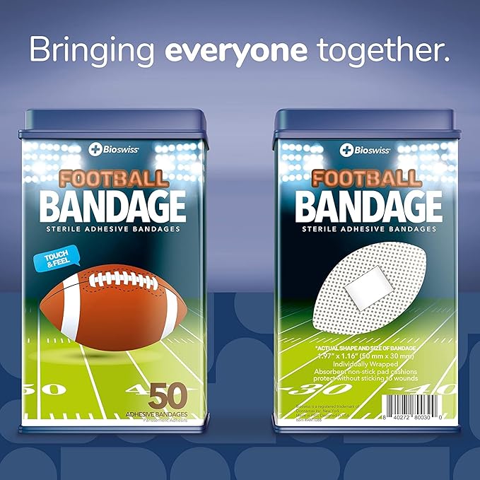 BioSwiss Bandages, Football Shaped Self Adhesive Bandage, Latex Free Sterile Wound Care, Fun First Aid Kit Supplies for Kids, 50 Count