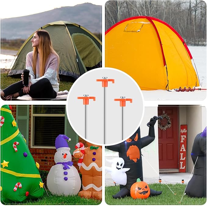 Aodaer 12 Pack Tent Stakes Heavy Duty Tent Pegs 10.25 Inch Non-Rust Metal Yard Stakes with 4x10ft Ropes and Storage Bag Inflatable Stakes for Gardening & Canopies, Camping Halloween Christmas, Orange