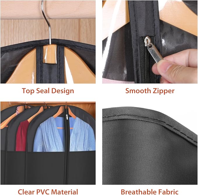 Univivi Garment Bag Suit Bag for Hanging Clothes, 40" Lightweight Full Zipper Washable Suit Cover with Large Visible Window for Suit Coat, Jacket, Sweaters (Set of 6), Black