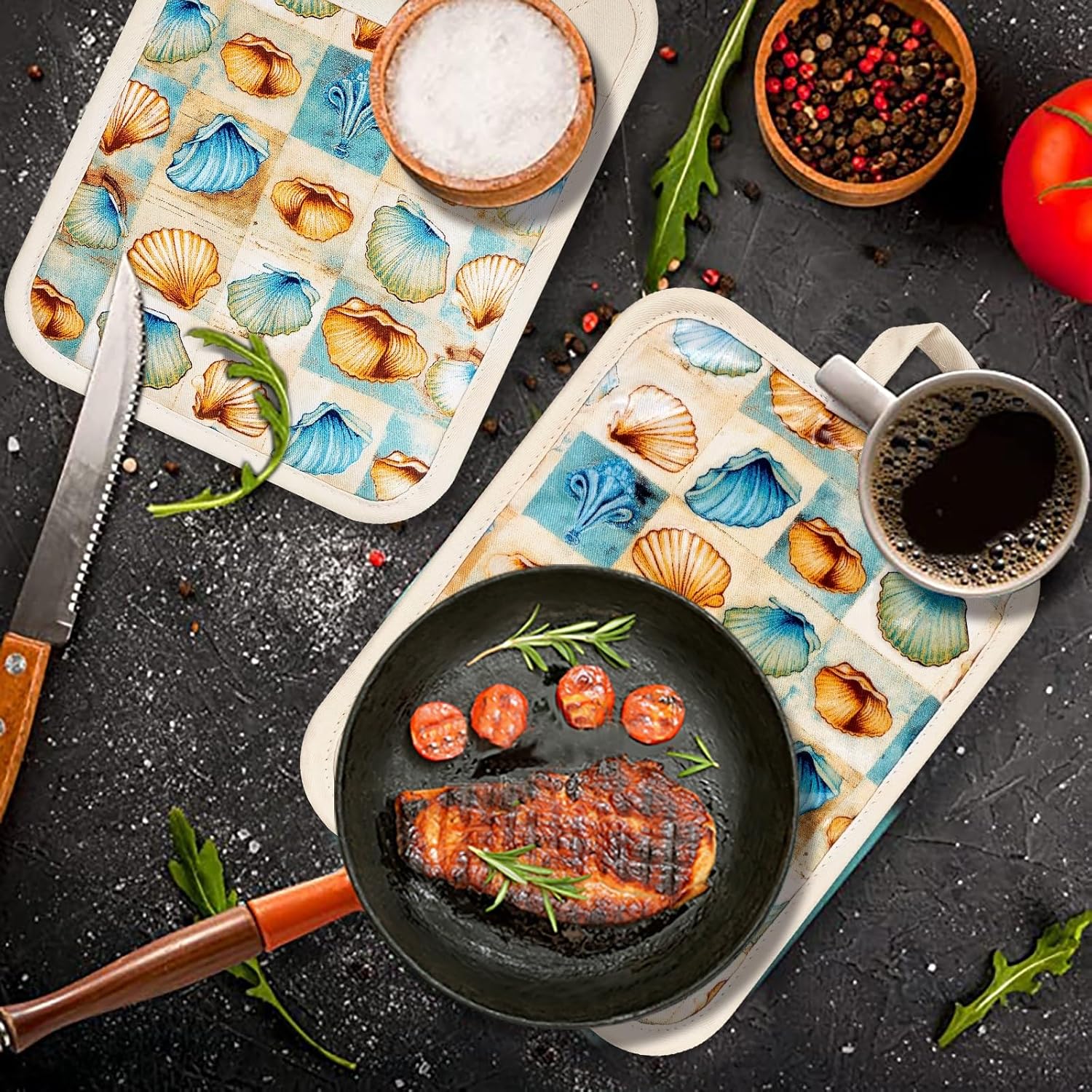 Pot Holders Set of 2 Heat Resistant 480 ℉Non Slip Clear Silicone Printed Comfortable Cotton Lining Kitchen Women Men Cooking Baking Microwave Machine Washable (Shell, Beige potholders)