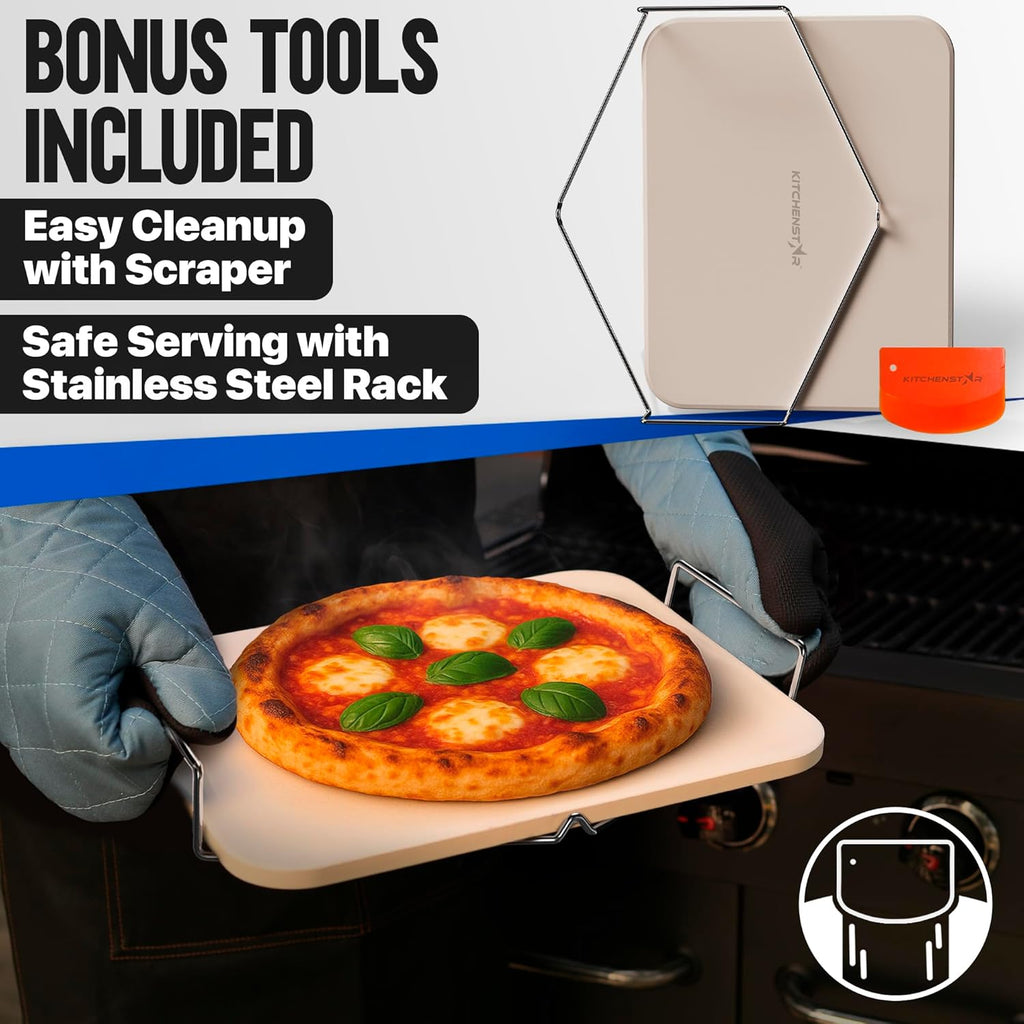 KitchenStar 15x12-inch Pizza Stone for Oven & BBQ Grill with Handles, Rectangular, 5/8" Thick - Natural Cordierite, 1800°F Resistant, Baking Stone Set with Stainless Steel Rack & Plastic Scraper Tool