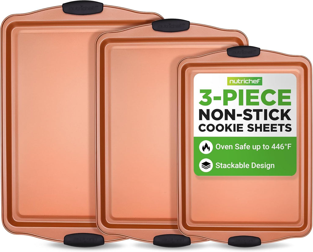 NutriChef 3 Piece Baking Pan Set - PFOA, PFOS, PTFE Free Flexible Nonstick Carbon Steel Bakeware Set - Home Kitchen Bake Pan Cookie Sheet Stackable Baking Tray Set w/Black Silicone Handles NCSBS3S45