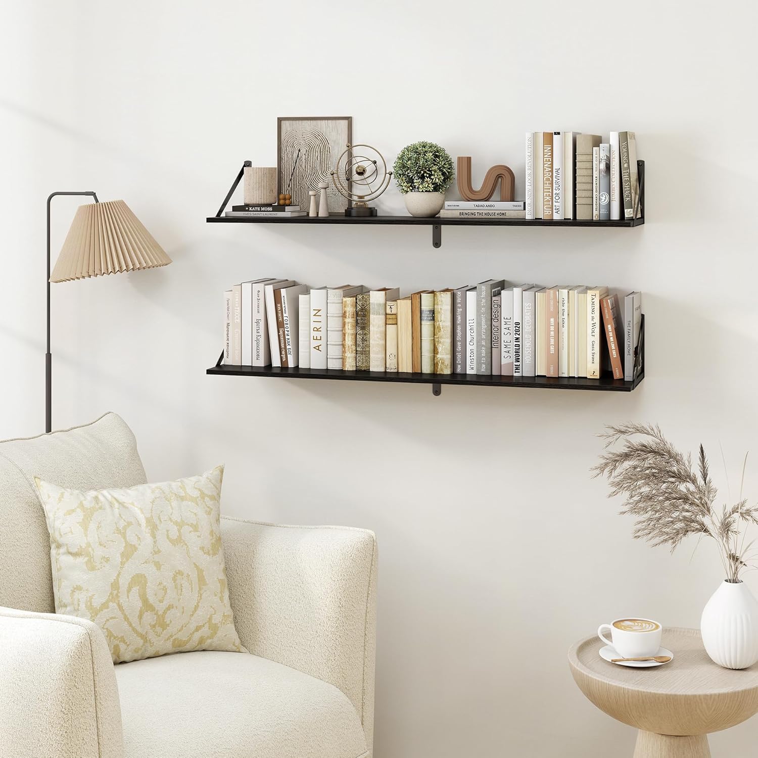 Heimlove Black Deep Floating Shelves for Wall, 40W x 8D Wood Wall Shelves Set of 2, Wide Floating Bookshelf for Living Room, Kitchen, Office, Bedroom and Decor Storage, with Metal Bracket - Black