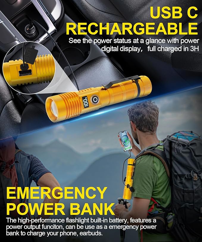 Rechargeable Flashlight High Lumens-12000LM Super Bright Magnetic Flash Light with Power Digital Display,3280Ft Long Range,Dimmable,Waterproof,Pocket LED Flashlights for Emergency Camping 2PC Gold