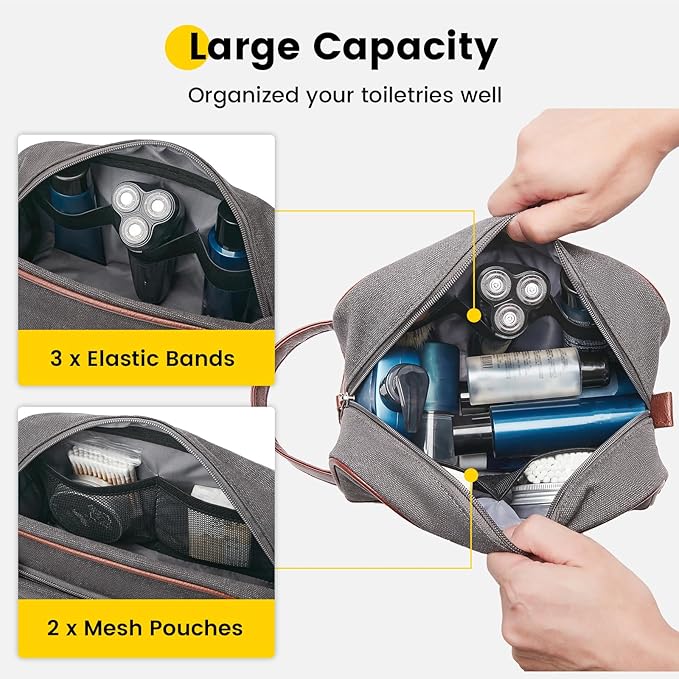 Vorspack Travel Toiletry Bag - Canvas Toiletry Bag for Men Water Resistant Skincare Bag Dopp Kit for Bathroom Toiletries Accessories Gifts - Grey