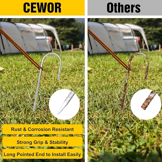 CEWOR 6 Pack 12 Inch Rebar Stakes, J Hook Tent Stakes Heavy Duty Long Galvanized Ground Anchors Metal Spikes Landscape Yard Stakes for Signs, Trampoline, Chain Link Fence, Outdoor Decoration