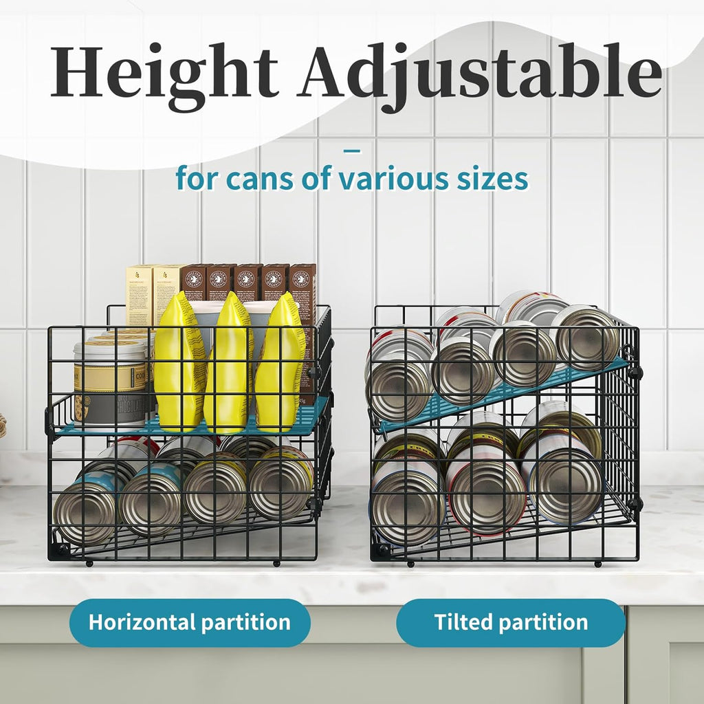 3-Pack Stackable Can Rack Organizer for Pantry, Adjustable Can Holder for Various Ounce of Cans up to 90, Rolling Can Dispenser for Canned Food Soup Goods Storage in Kitchen Cabniet, 2 Tier, Black
