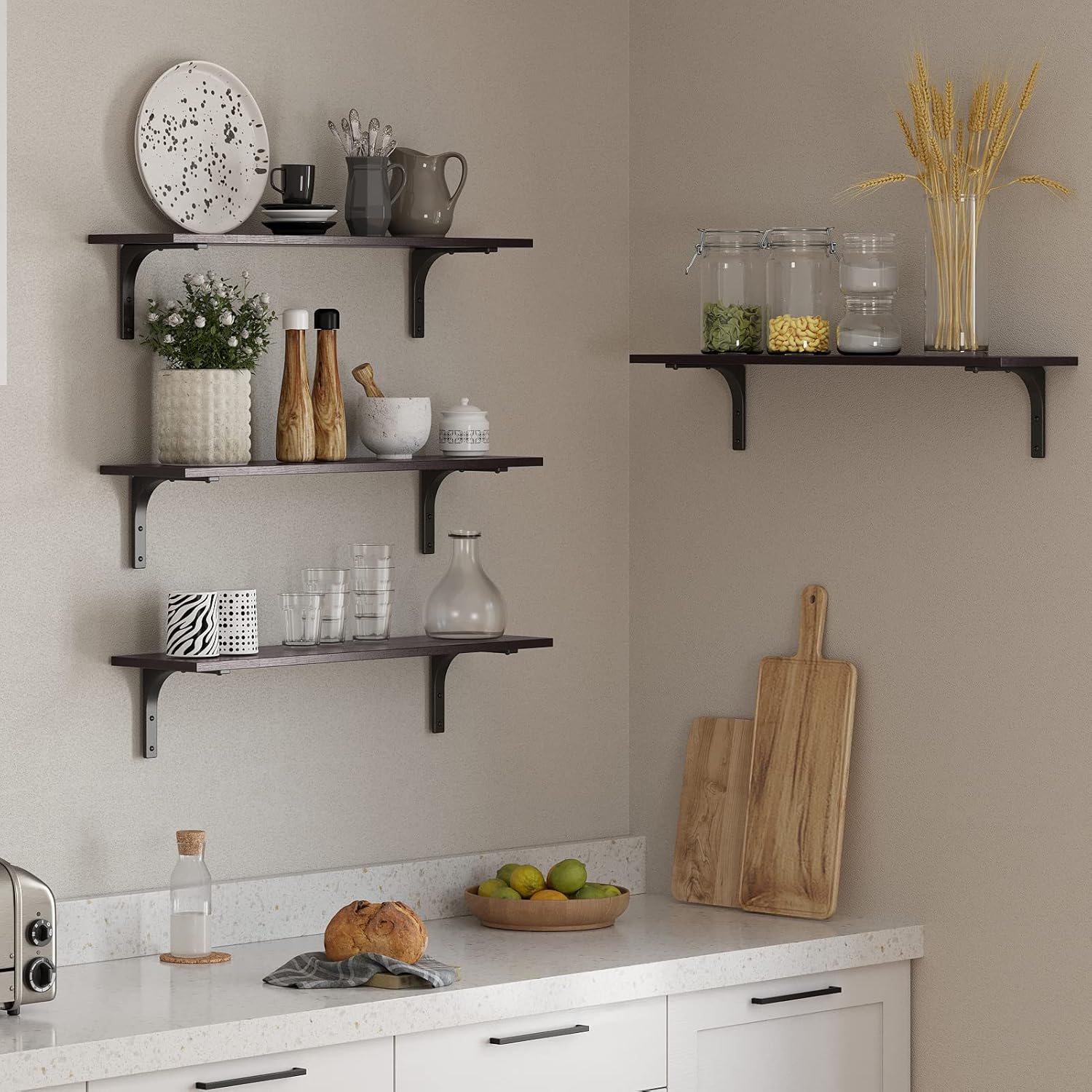 DINZI LVJ Long Wall Shelves, 31.5 Inch Wall Mounted Shelves Set of 2, Easy-to-Install, Floating Storage Ledges with Sturdy Metal Brackets for Living Room, Bathroom, Bedroom, Kitchen, Espresso