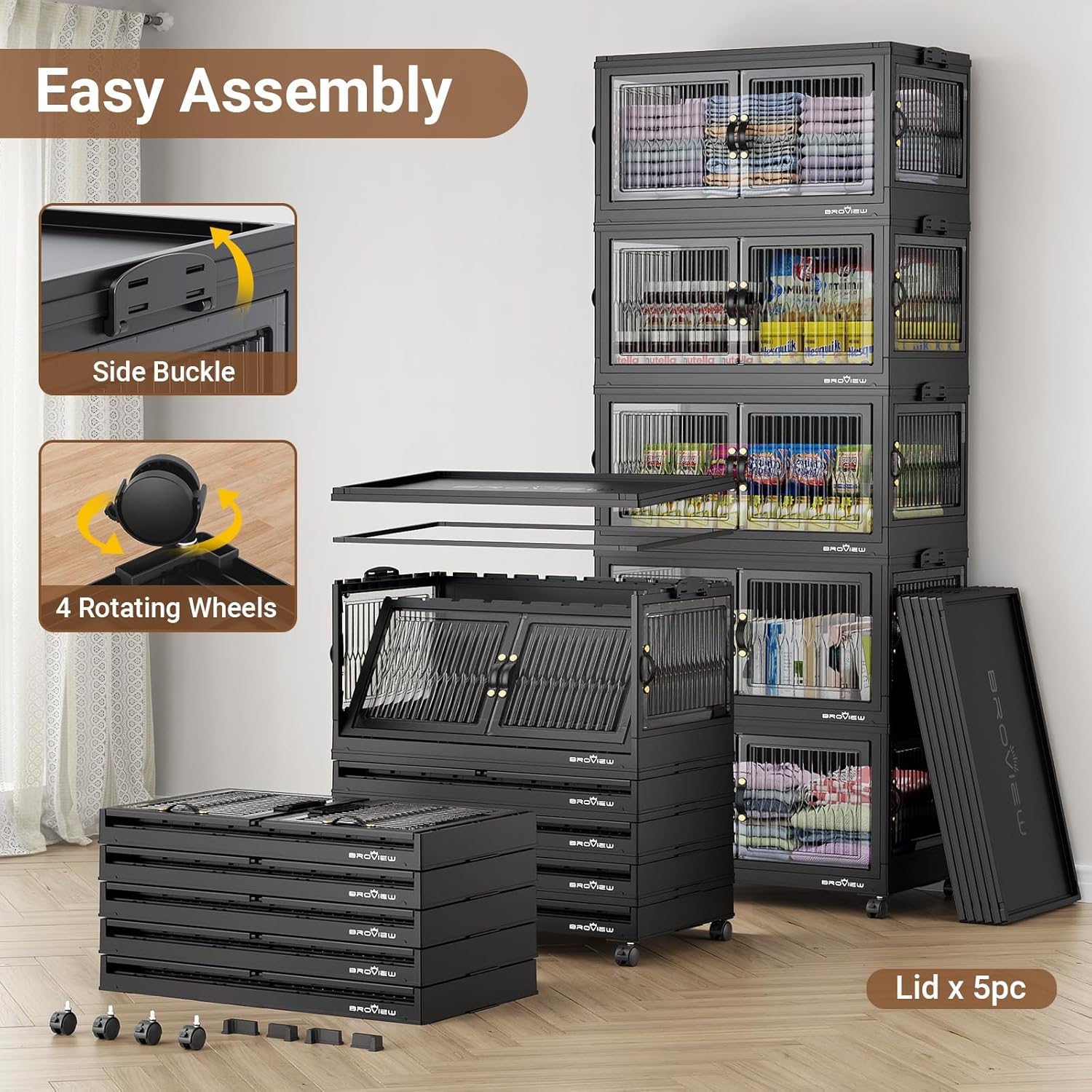 120QT Large Stackable Storage Bins with Lids, Plastic Closet Organizer and Storage Drawer, Collapsible Storage Box with Wheels, Folding Storage Cabinet with Doors for Home Kitchen, 1Pack Black