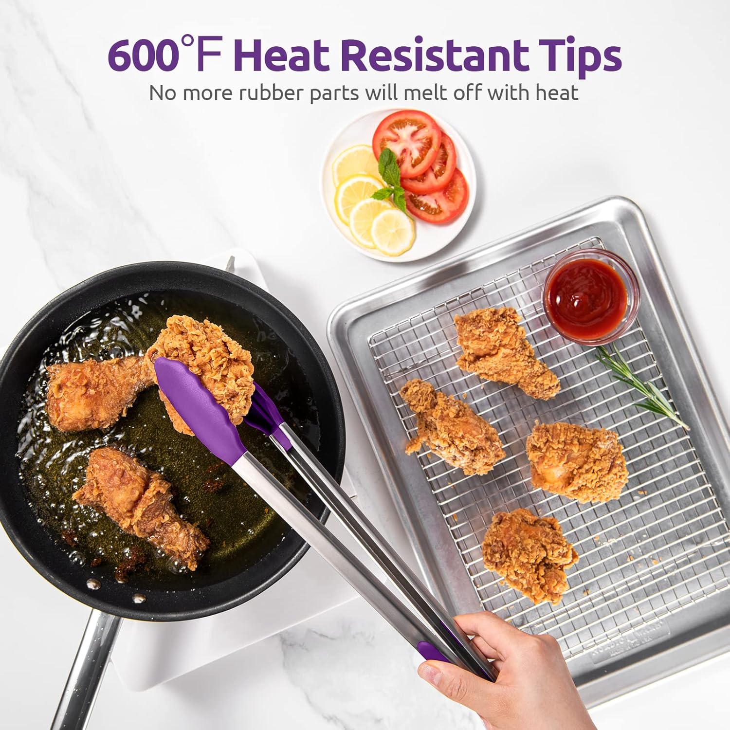 600ºF Heat Resistant Kitchen Tongs: U-Taste 16 inch Extra Long Large Silicone Cooking Tong with Sturdy Non Stick Rubber Tips & Non Slip Silicon Coated 18/8 Stainless Steel Handle for Grill BBQ(Purple)