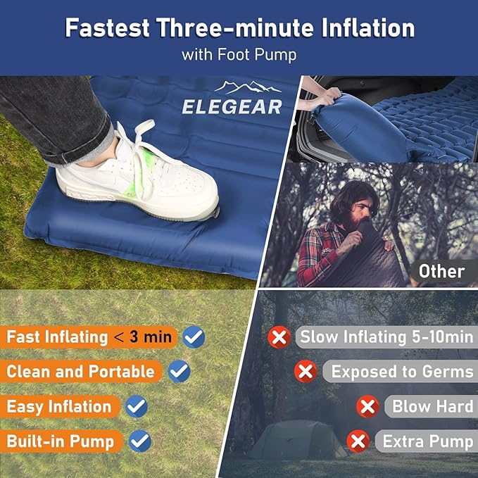 Elegear Double Sleeping Pad - 4" Ultra-Thick Self Inflating Camping Mat for 2 Persons with Built-in Pillow and Foot Pump