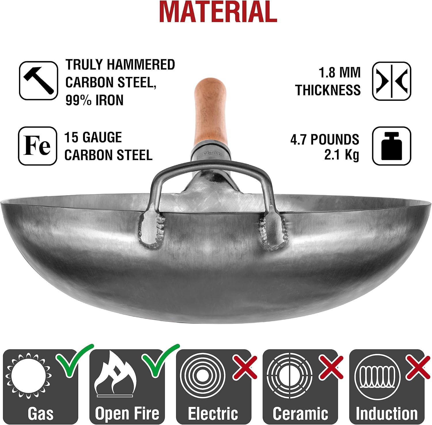 YOSUKATA 14” Round Bottom Carbon Steel Woks and Stir Fry Pans – Unseasoned Pow Wok for Stir Fry, BBQ, Grill & Camping – Hand-Hammered Traditional Japanese and Chinese Pan – Gas Stove, Open Fire Only