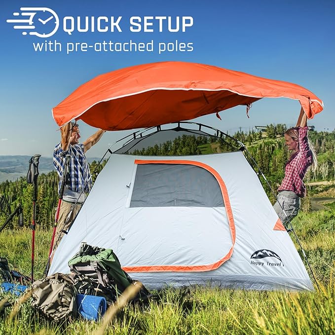 Happy Travel Camping Tent, 4 Person Dome Tents for Camping with Rainfly, Waterproof Clip Easy Setup Portable Family Tent with Mesh Windows, 20% More Headroom Backpacking Tents for Camping & Hiking
