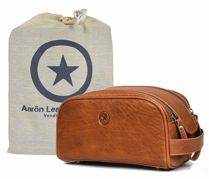 10" Premium Leather Toiletry Travel Pouch With Waterproof Lining | King-Size Handcrafted Vintage Dopp - Kit ~ Gift for Father's Day By Aaron Leather Goods