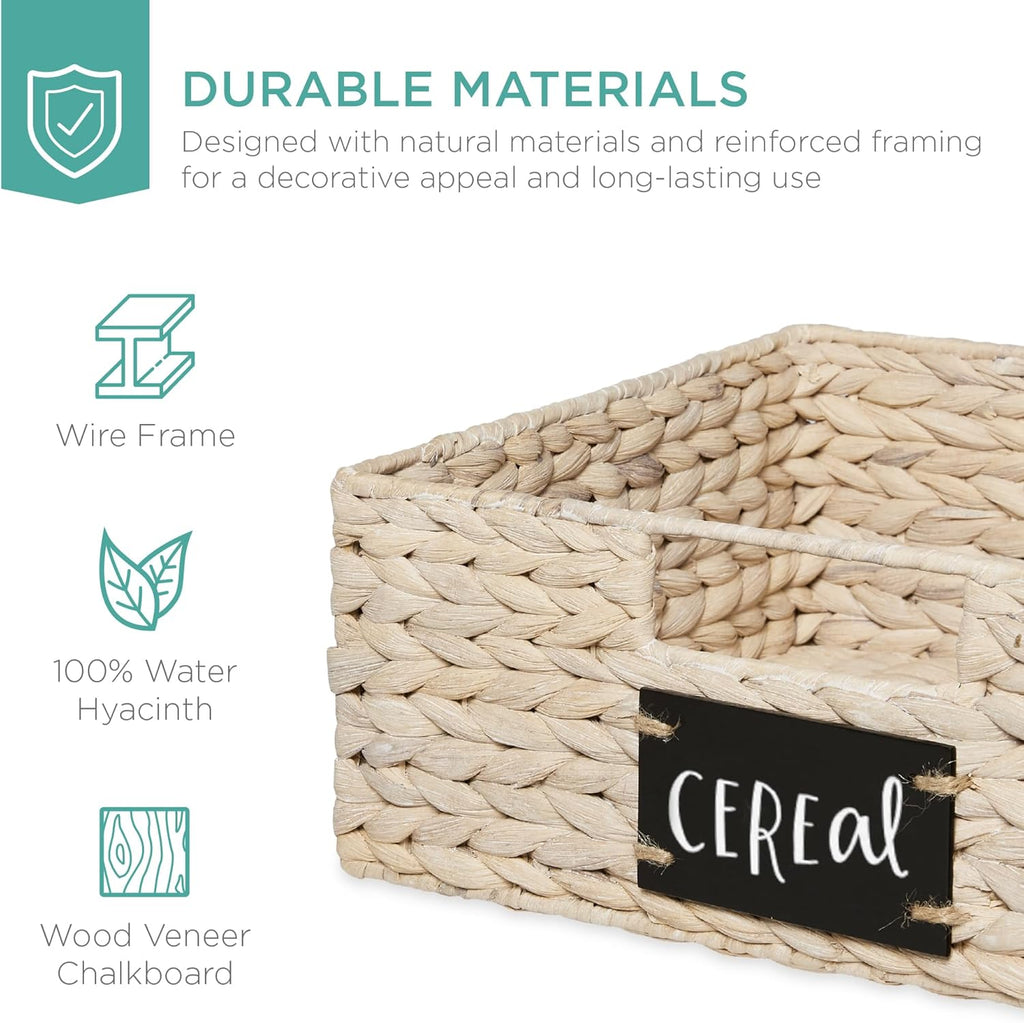 Best Choice Products Set of 4 13x12in Water Hyacinth Pantry Baskets, Woven Organizers w/Chalkboard Label, Chalk Marker - White